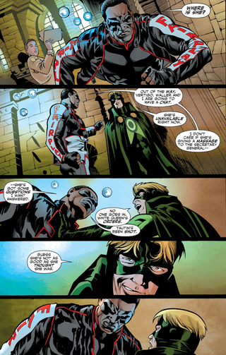 Mr. Terrific confronts Count Vertigo after Amanda Waller’s machinations result in a Checkmate agent getting shot.